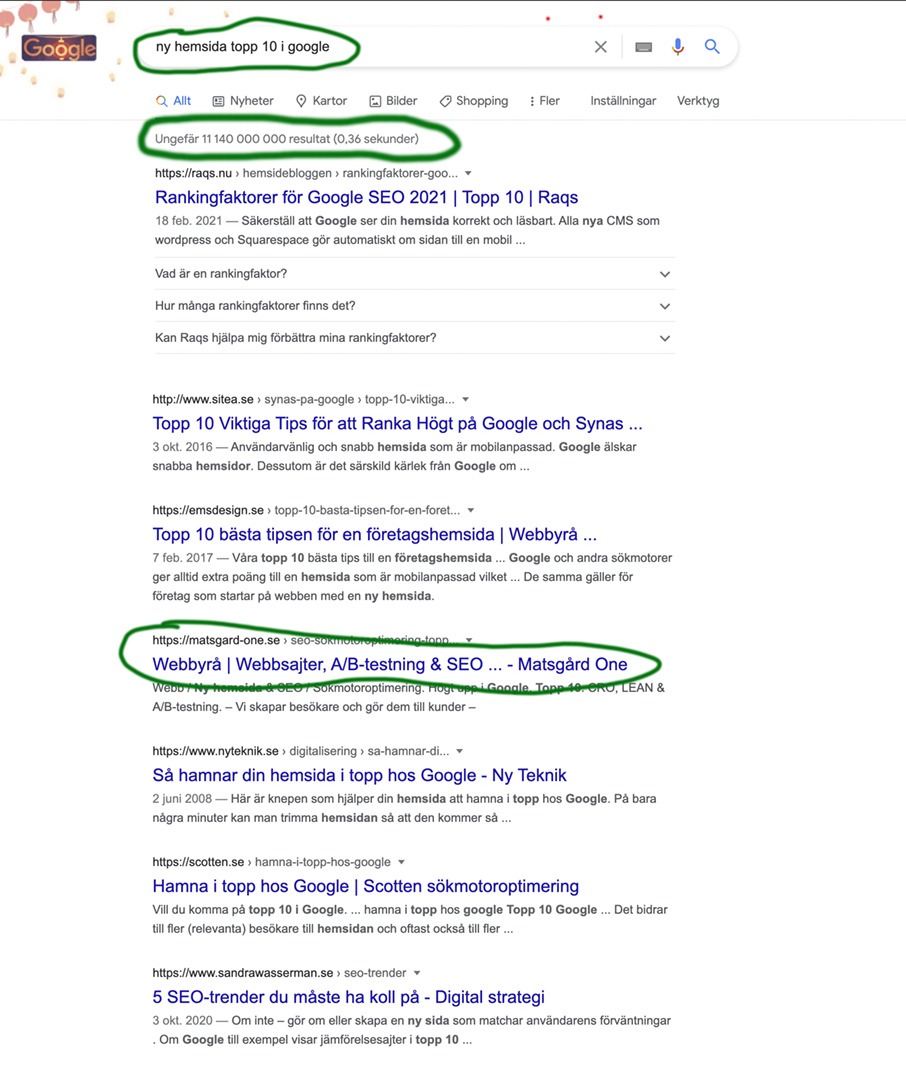 Ny hemsida topp 1 till 10 i Google högt upp